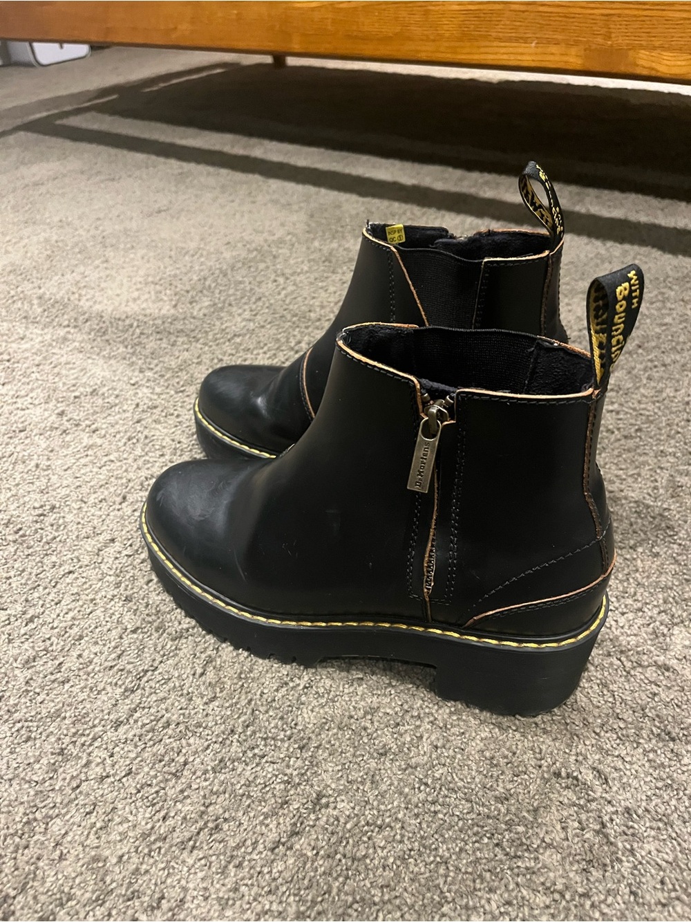 Dr. Martens Black Chelsea Platform Booties with Yellow Stitching